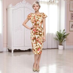 Vintage 50s Marjorie Michael Floral Silk Wiggle Dress Hollywood Regency Size S